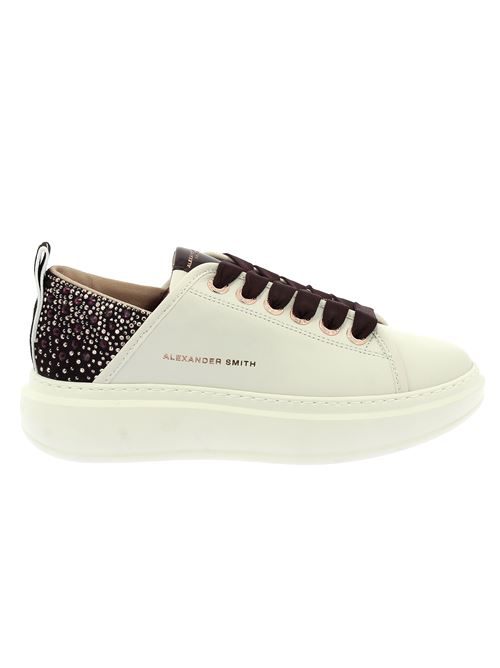 Wembley Woman sneakers da donna in pelle bianca con tallone brillantinato color melanzana ALEXANDER SMITH | WYW0506WDX